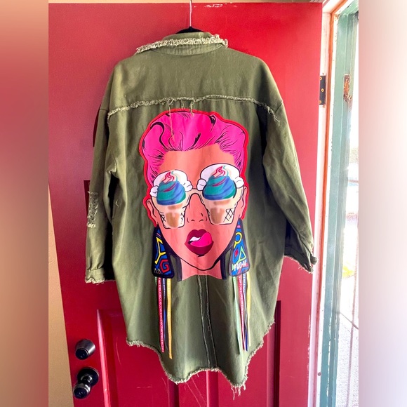 SHEIN Jackets & Blazers - Super cute khaki colored jacket with an amazing face on the back.